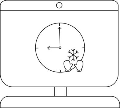 Minimalist computer screen with winter clock and mittens illustration vector