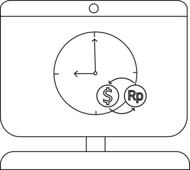 minimalista computadora pantalla con moneda intercambiar símbolos y reloj vector