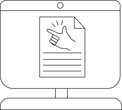 Minimalist line art of computer screen with document and hand gesture vector