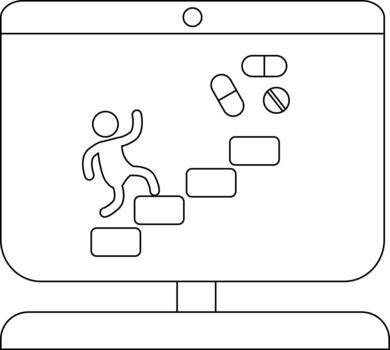 Outline of person climbing steps on computer screen with pills vector