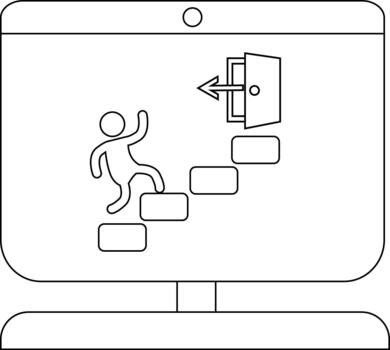 Minimalist line art of person ascending steps towards an exit on screen vector