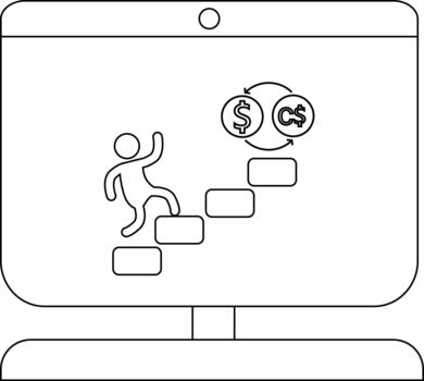 Outline of person climbing steps on computer screen with currency symbols vector