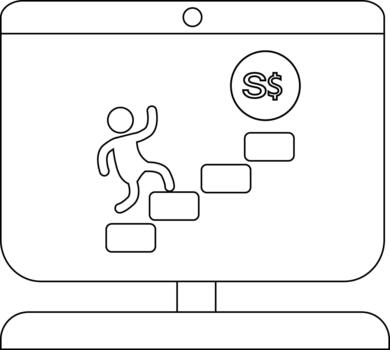 Line art of person climbing steps on computer screen with dollar symbol vector