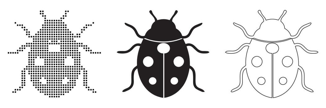 Three distinct ladybug illustrations showcasing pixel art, solid fill, and outline styles vector
