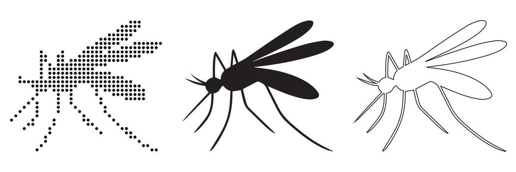 Three distinct graphic styles illustrating the common mosquito, from pixelated to solid and outline form vector