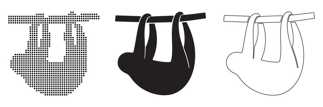 A collection of three stylized sloths hanging from a branch in pixel, silhouette, and outline art forms vector