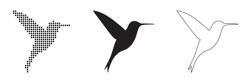 A collection of hummingbird icons in pixel, silhouette, and outline styles for design vector