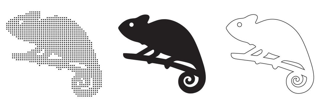 Tres distinto gráfico representaciones de un camaleón exhibiendo diverso artístico estilos vector