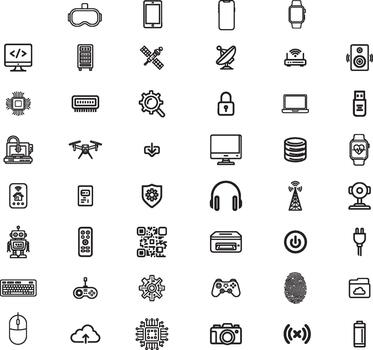 Technology icon set isolated on white background, featuring icons for vr, smartphone, laptop, drone, robot, and more digital symbols vector
