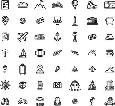 Travel and navigation icon set isolated on white background, with icons for airplane, car, map, suitcase, and destination symbols vector
