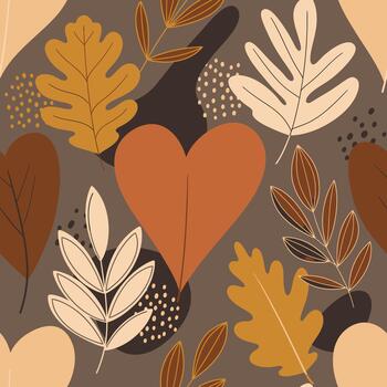 Neutral Boho Autumn Seamless Pattern with Hearts and Botanical Elements vector