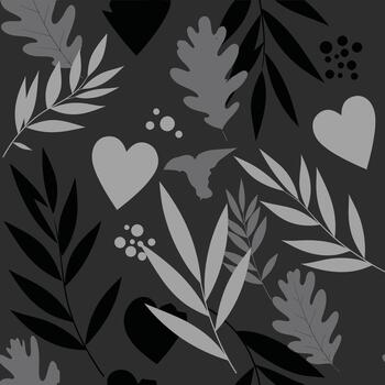 sin costura monocromo botánico modelo con corazones, hojas, y resumen formas vector