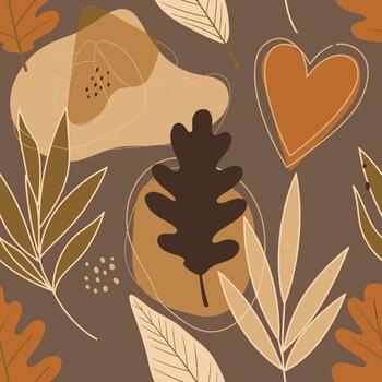 moderno boho sin costura otoño modelo con resumen hojas, corazón, y terroso antecedentes. vector