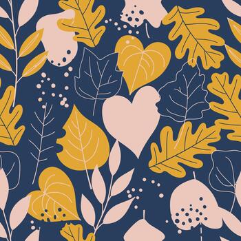 Modern botanical seamless pattern with abstract autumn leaves on navy background vector