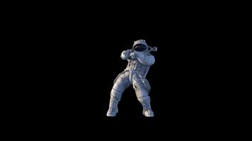 astronauta en un traje espacial ejecutando un dinámica danza en un negro antecedentes exhibiendo futurista movimientos y espacio exploración. video