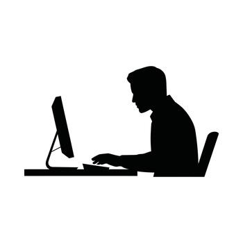 Man working on computer sitting at desk in profile view vector
