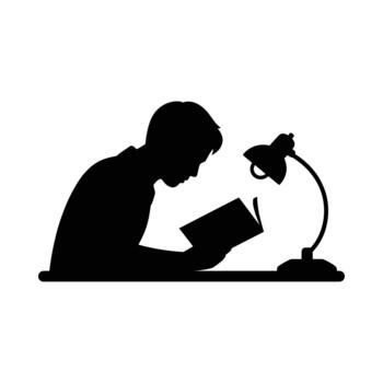 Man reading book under desk lamp in silhouette vector