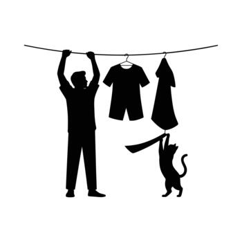 Man hanging clothes on line with curious cat vector