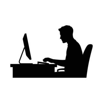 Man sitting at desk working on computer in office chair vector