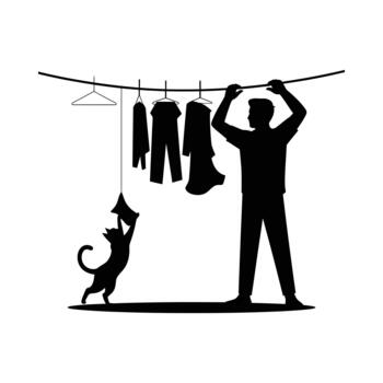 Man hanging clothes on a line with a curious cat vector