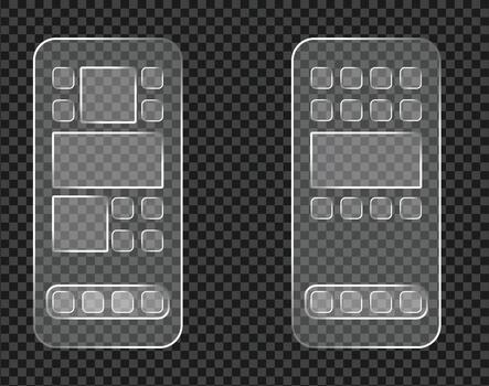 Two transparent glass remote control panels with buttons and display areas set against a dark checkered background for modern interface design vector