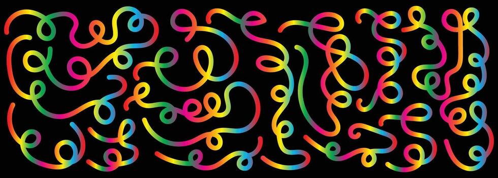 Abstract background pattern of colorful neon glowing ribbons and squiggles creating a vibrant, chaotic, and festive design on a black backdrop vector
