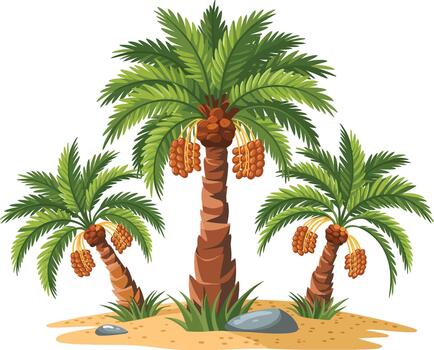 Tres vibrante fecha palma arboles cargado con maduro Fruta en pie en un pequeño parche de vector