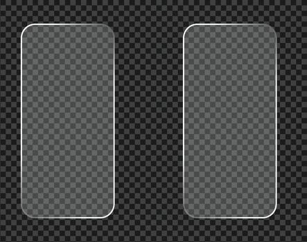Two blank rectangular transparent screen mockups with rounded corners displayed side by side against a dark checkered background for design overlay vector