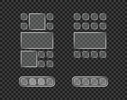 Set of transparent glass user interface elements including various sized rectangular and square buttons and frames on a dark checkered background for digital design vector