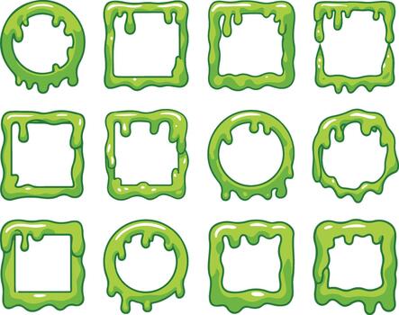 Set of twelve bright green slime dripping picture frames in various shapes including square and circle, perfect vector