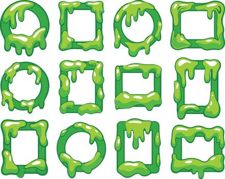 Set of twelve bright green slime dripping picture frames in various shapes including square and circle, perfect for spooky designs vector