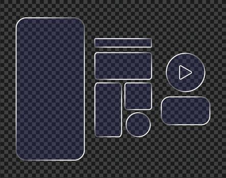 Set of modern metallic rounded rectangle and circle ui elements templates for mobile app design mockup on transparent background vector