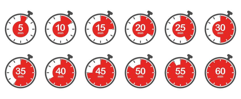 Set of timer and stopwatch icons, 5 min to 1 hour, Red timer vector