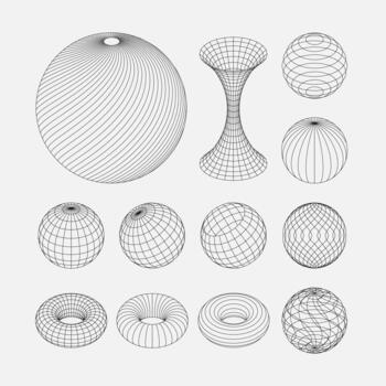 Wireframe earth grid mesh objects set. Network line, HUD design spheres set. Isolated on white background vector