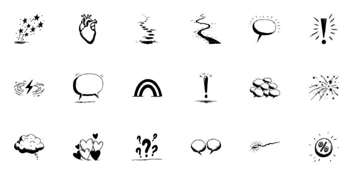 dibujado a mano garabatear icono colocar. creativo expresión, comunicación, y emoción símbolos en bosquejo estilo recopilación. incluye estrellas, corazón, caminos, habla burbujas, y más. aislado ilustración vector