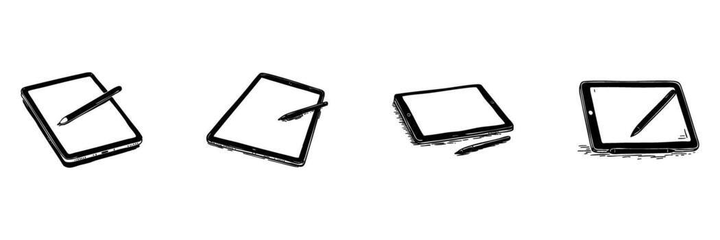 Tablet With Stylus Doodle Sketch Set. Digital Drawing, Note-Taking, And Creative Design Tools In Hand Drawn Style Collection. Technology And Art Integration. Hand Drawn Isolated Illustration vector