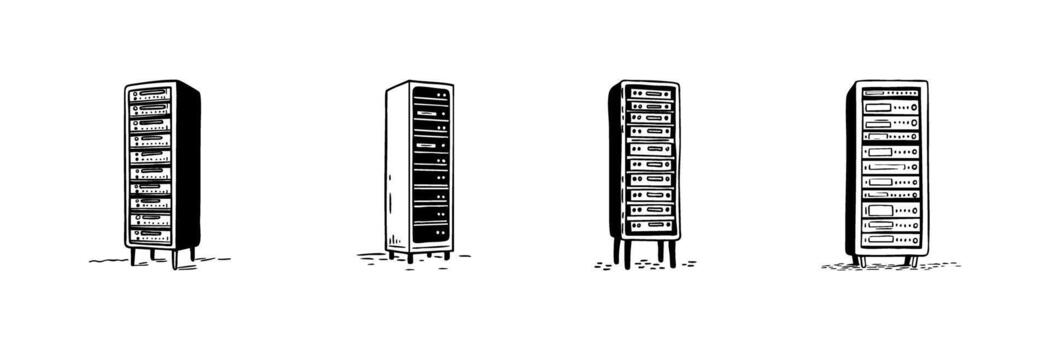 Server Rack Doodle Sketch Set. Data Center, Network Infrastructure, And Cloud Computing In Hand Drawn Style Collection. Technology And It Management. Hand Drawn Isolated Illustration vector