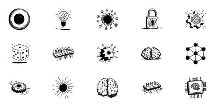 Technology, Security, Innovation, And Science Concepts In Hand Drawn Style Collection. Doodle Sketch Set. Isolated Illustration vector