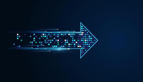 un radiante flecha perfora el oscuro tecnología fondo, visualizante penetración actuación y grande píxeles puntos flechas azul en oscuro antecedentes vector