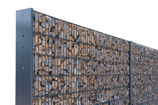 This structure features a gabion fence made of wire mesh and filled with stones. It serves multiple purposes like boundary marking and soil support in construction projects png