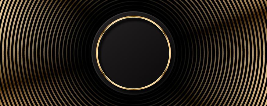 3D black luxury abstract background overlap layer on bright space with golden circles lines decoration. Modern graphic design element stripes style concept for web, art, flyer, card, or brochure cover vector