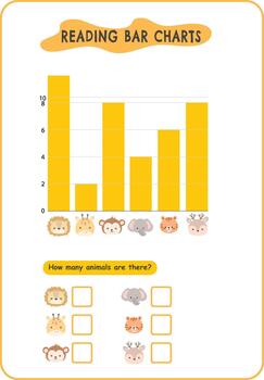 Worksheet activity for toddler and kindergarden kids. Children learn reading bar charts, numbers and arithmetic. Coding sheets Printable with cute colorful animals vector