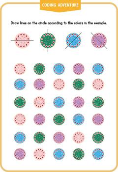 Worksheet coding printable activity with cake illustrtation for preschool and kindergarten kids. Children learn about pattern. Enhance children's imagination, focus, and logical thinking skills. vector