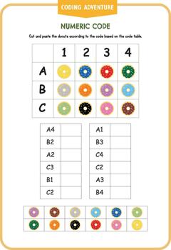 Worksheet coding printable activity with fun donut illustration for preschool and kindergarten kids. Children learn about pattern. Enhance children's imagination, focus, and logical thinking skills. vector