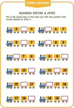 Math Sequencing Train Worksheet for Kids Number Order and Coding Activity vector