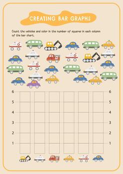 Worksheet activity for toddler and kindergarden kids. Children learn about creating bar graphs. Numbers and arithmetic. vector