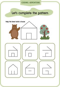 Coding Worksheet Activity Pages for Kids. Printable Activity Sheet with bear and his appple Mini Games Draw lines like the example above vector