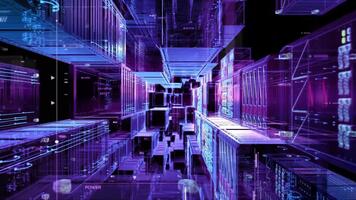 resumen digital datos fluir en un futurista servidor habitación o red centro. video