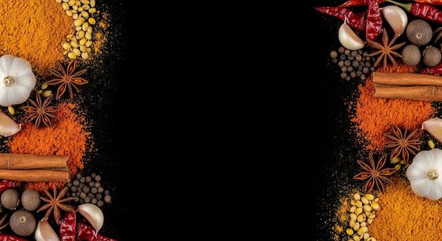 Assortment of Aromatic Spices and Seasonings Border Frame on Black Background with Copy Space photo