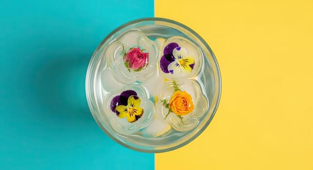 Top View of Edible Flower Ice Cubes in Glass Against Bright Split Background photo
